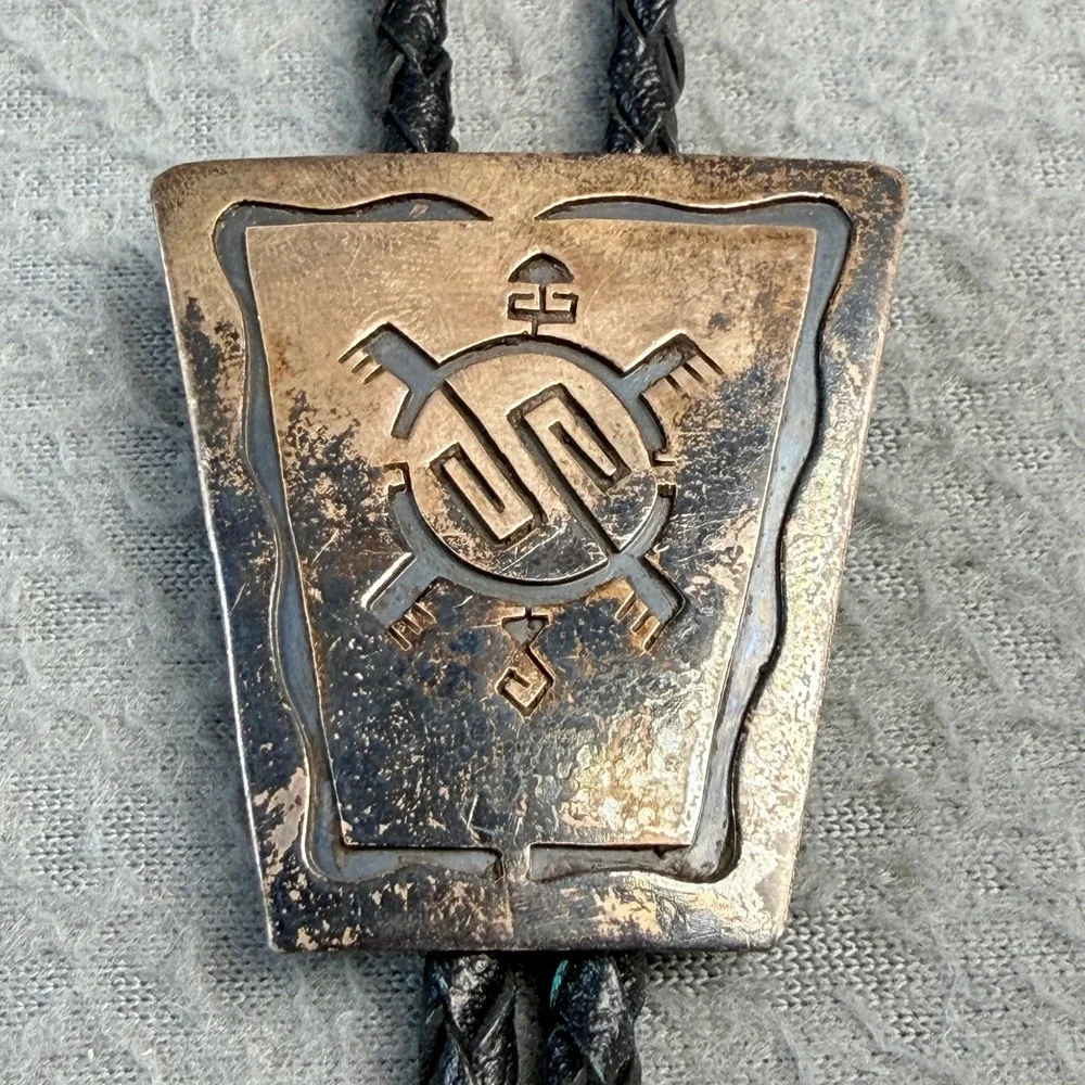 Vintage Hopi Sterling Silver Overlay Turtle Bolo Tie Braided Black Leather Tie